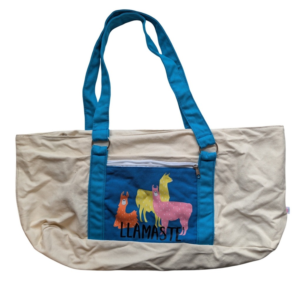 Llamaste Canvas Tote Bag Blue Cream Llama Graphic Zipper Pocket Shoulder Bag
